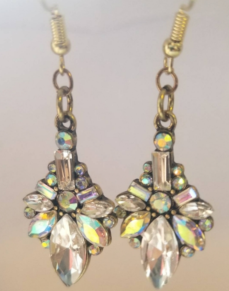 Iridescent Crystal and Gold Dangle Earrings